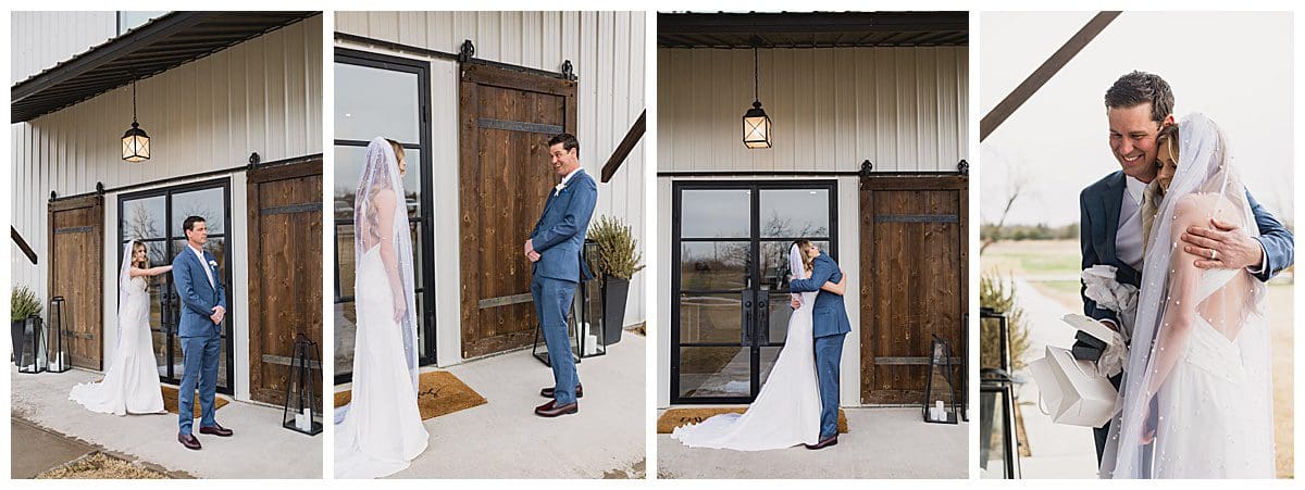First touch moment between bride and groom before the wedding ceremony in Texas