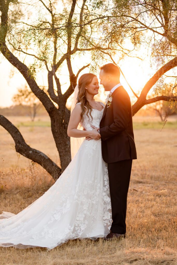 a man and woman in a wedding dress , golden hour photography