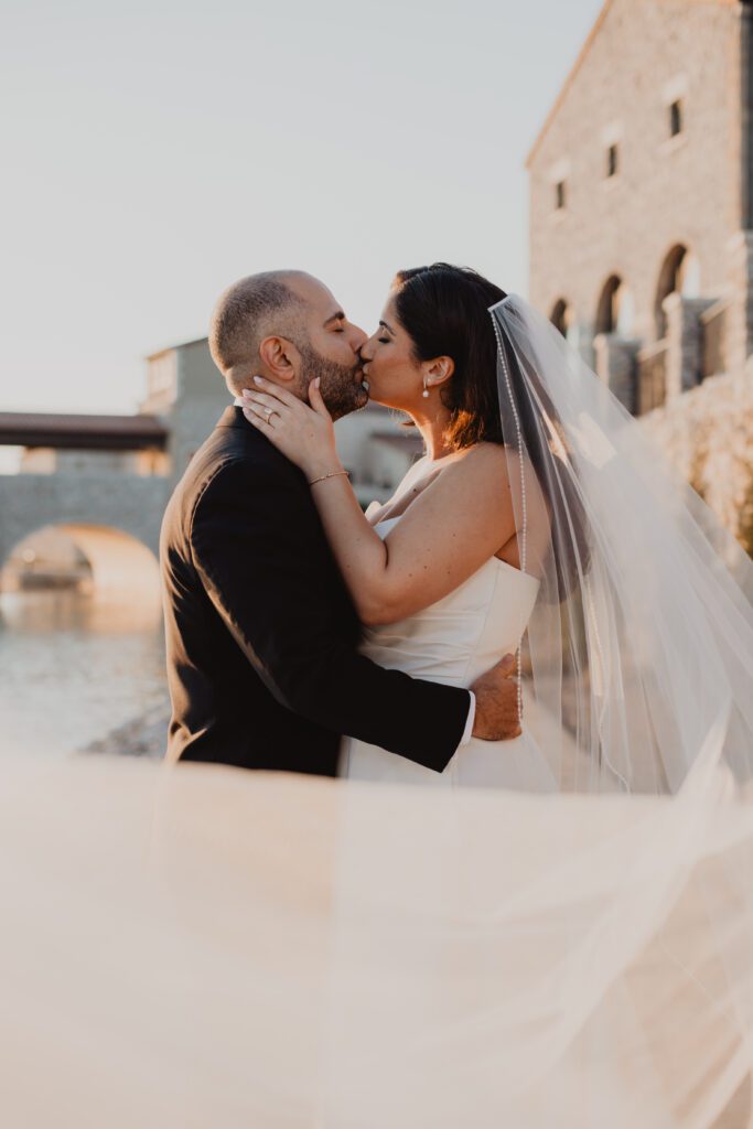 a man and woman kissing , wedding timeline