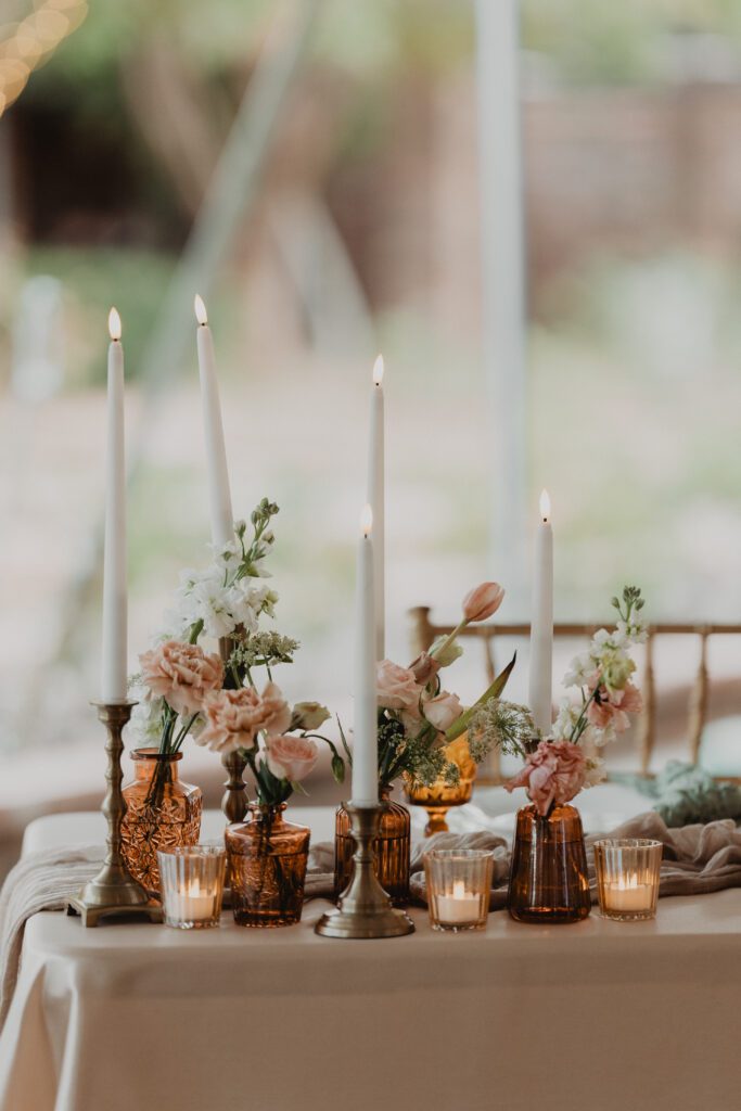 Blush, terracotta and antique gold fall wedding table decor at Clark Gardens in Weatherford Texas photographed by Bushel + Peck Photo