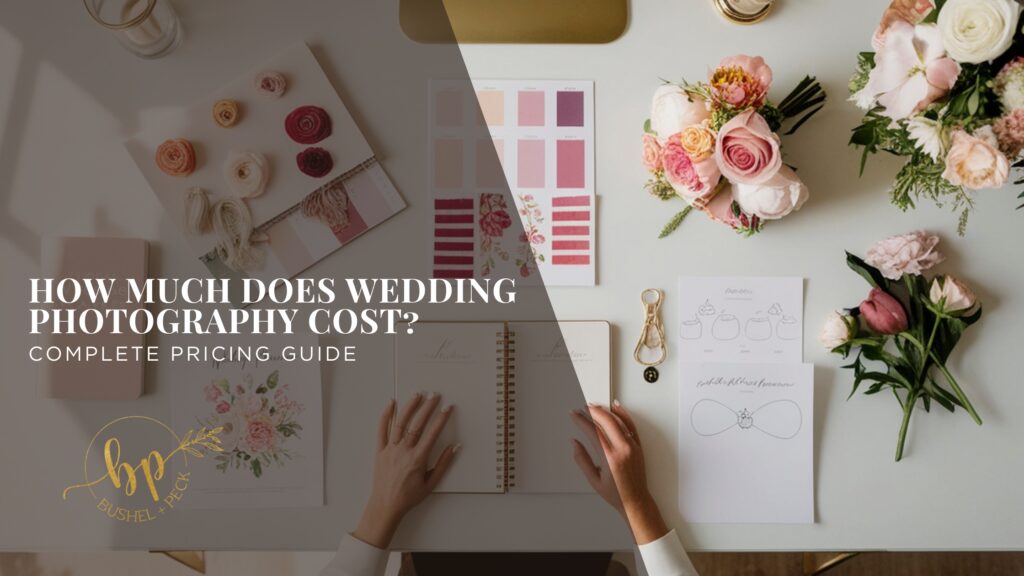 Flat lay wedding planning workspace with florals and notebook representing wedding photography cost and pricing considerations