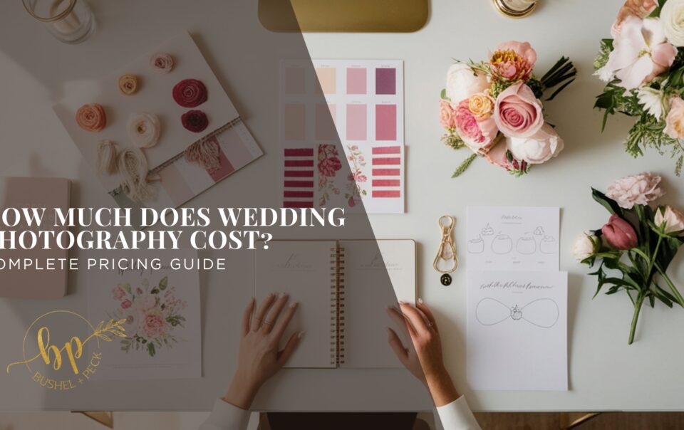 Flat lay wedding planning workspace with florals and notebook representing wedding photography cost and pricing considerations