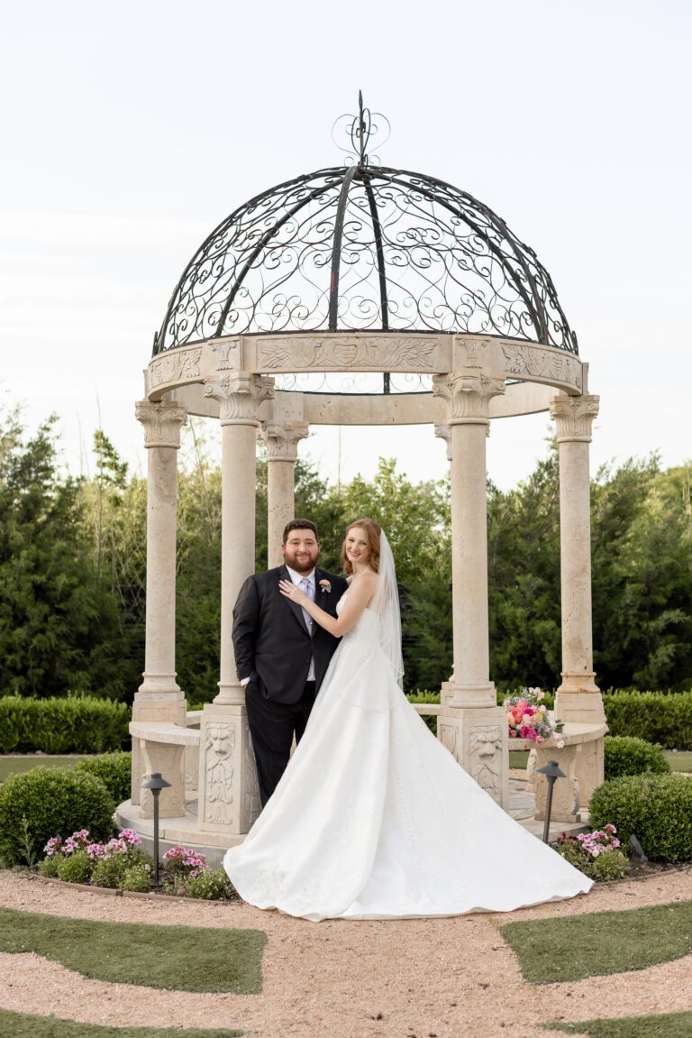 Bride and groom portrait at the garden gazebo at Knotting Hill Place wedding venue in Frisco near Dallas photographed by Bushel + Peck Photo