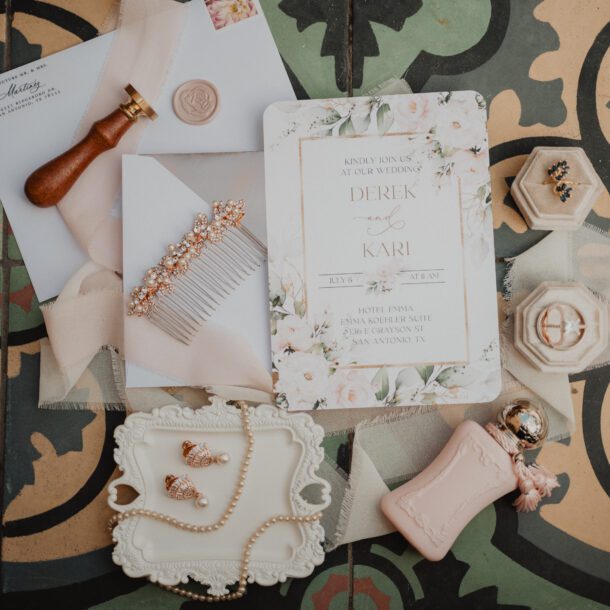 Wedding invitation suite and bridal accessories photographed at Hotel Emma in San Antonio by Bushel + Peck Photo.