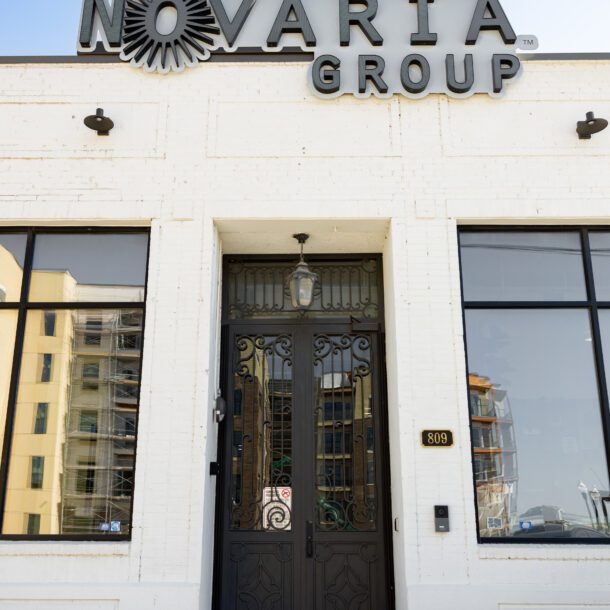 Novaria Group headquarters exterior and signage in Fort Worth, Texas, captured by Bushel + Peck Photo.